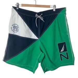 Nautica Green Blue Colorblock Swim Trunks XL Mens Board Shorts Preppy Yacht Club